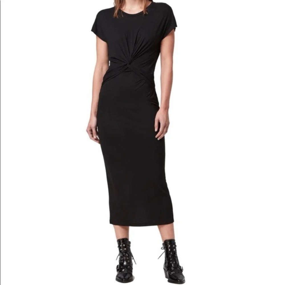 All Saints Ruched Midi Black Dress Sz S - Picture 12 of 14